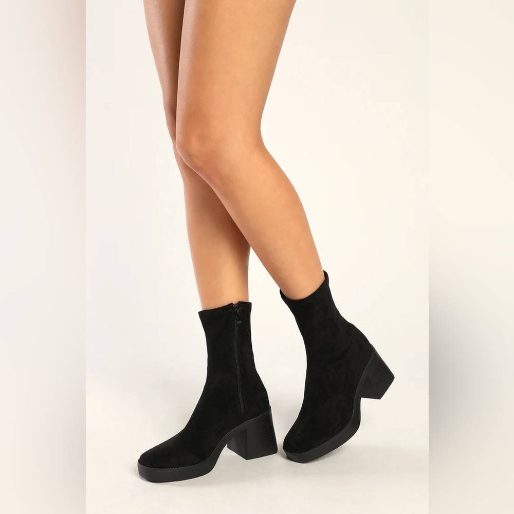 Lulus Hughez Black Suede Platform Mid-Calf Boots Size 6